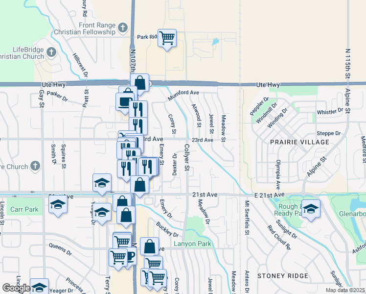 map of restaurants, bars, coffee shops, grocery stores, and more near 2271 Dexter Drive in Longmont
