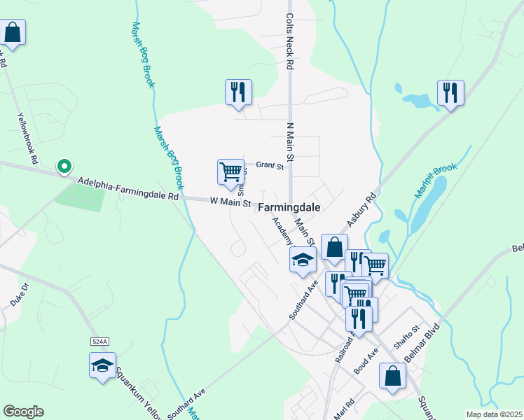 map of restaurants, bars, coffee shops, grocery stores, and more near 35 Academy Street in Farmingdale