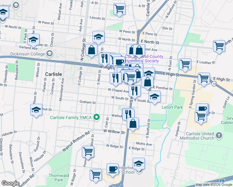 map of restaurants, bars, coffee shops, grocery stores, and more near 62 West South Street in Carlisle
