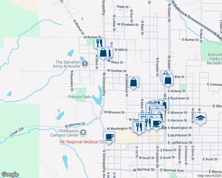map of restaurants, bars, coffee shops, grocery stores, and more near 400-598 North Osteopathy in Kirksville