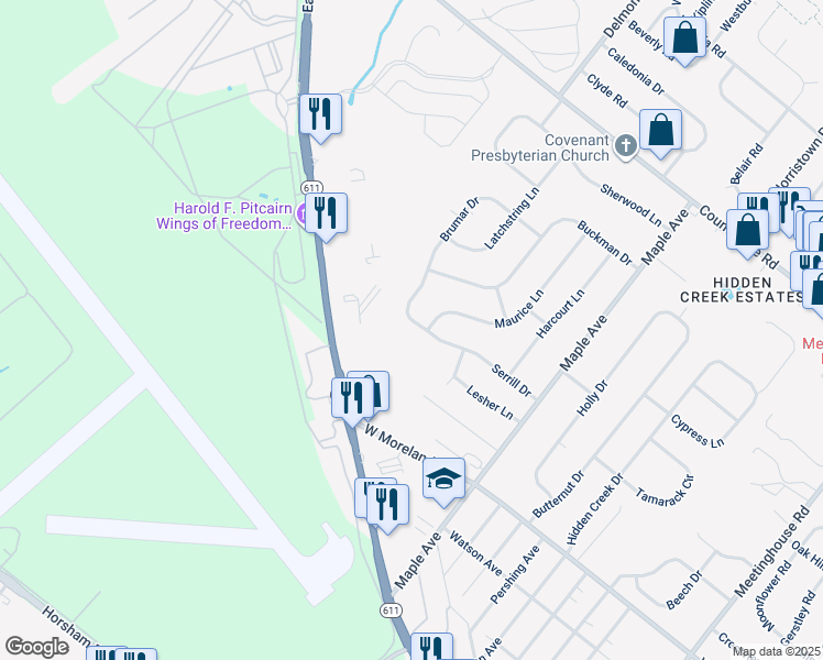map of restaurants, bars, coffee shops, grocery stores, and more near 646 Serrill Drive in Hatboro