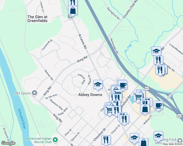 map of restaurants, bars, coffee shops, grocery stores, and more near 205 Abbey Drive in Royersford