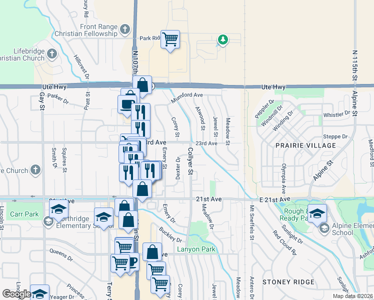 map of restaurants, bars, coffee shops, grocery stores, and more near 2264 Dexter Drive in Longmont