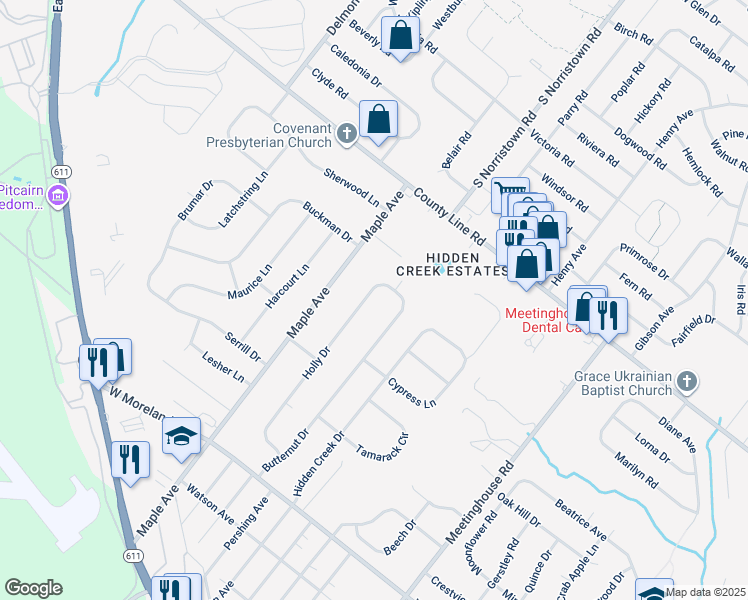 map of restaurants, bars, coffee shops, grocery stores, and more near 23 Holly Drive in Hatboro