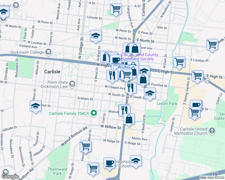 map of restaurants, bars, coffee shops, grocery stores, and more near 62 West South Street in Carlisle