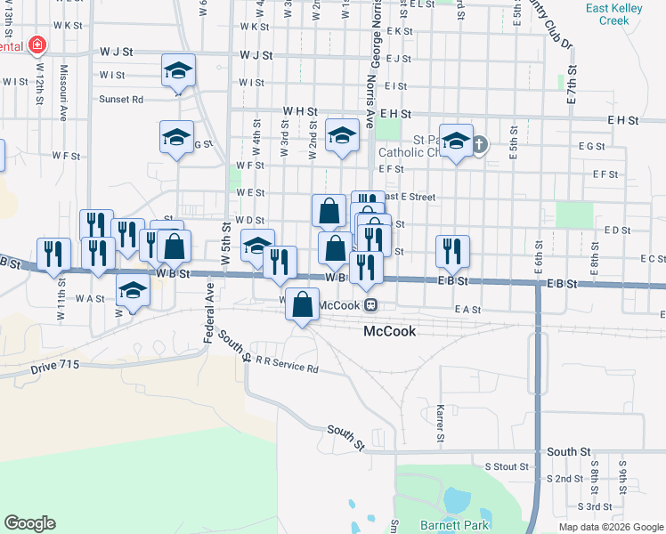 map of restaurants, bars, coffee shops, grocery stores, and more near 112 W 1st St in McCook