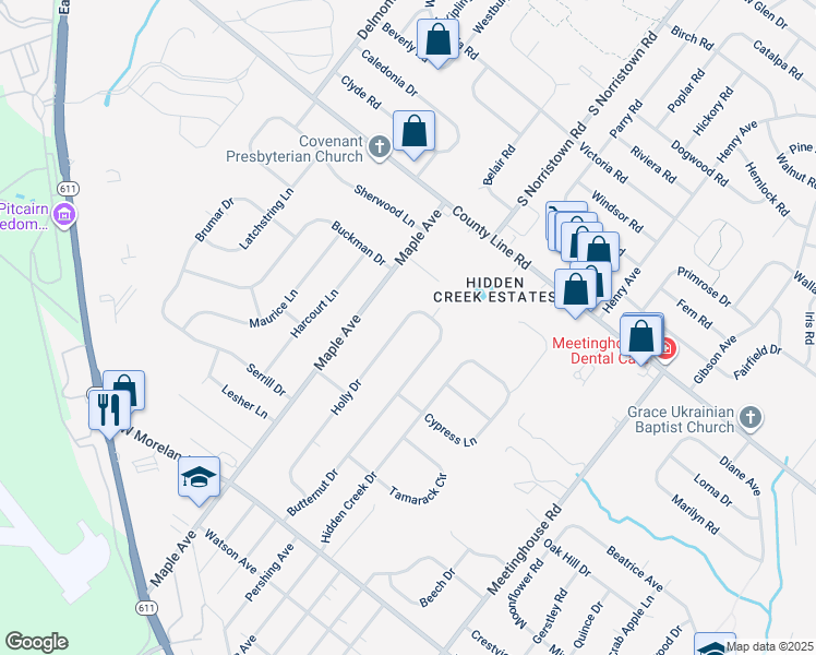 map of restaurants, bars, coffee shops, grocery stores, and more near 23 Holly Drive in Hatboro