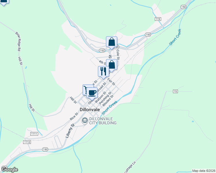 map of restaurants, bars, coffee shops, grocery stores, and more near 34 Watson Street in Dillonvale