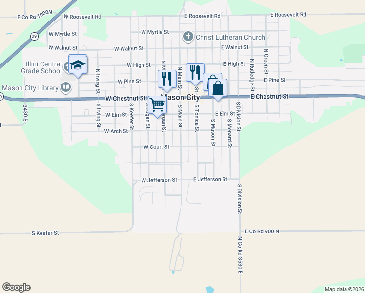 map of restaurants, bars, coffee shops, grocery stores, and more near 400 South Tonica Street in Mason City
