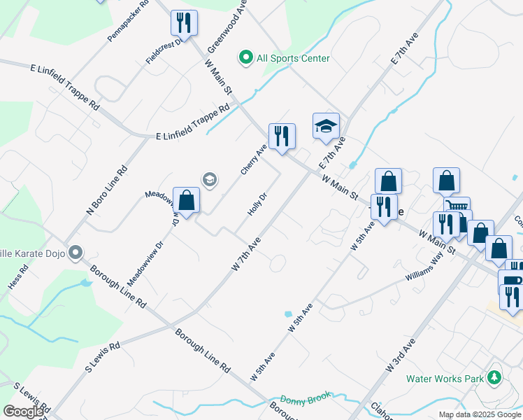map of restaurants, bars, coffee shops, grocery stores, and more near 66 Holly Dr in Collegeville