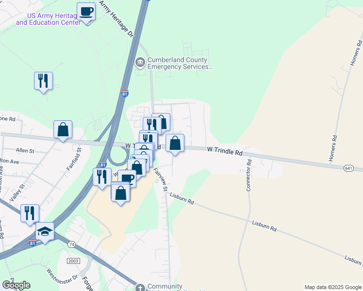 map of restaurants, bars, coffee shops, grocery stores, and more near 1412-1420 W Trindle Rd in Carlisle