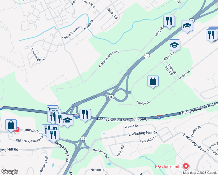 map of restaurants, bars, coffee shops, grocery stores, and more near Gettysburg Road in Cumberland County