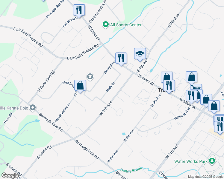 map of restaurants, bars, coffee shops, grocery stores, and more near 66 Holly Drive in Collegeville