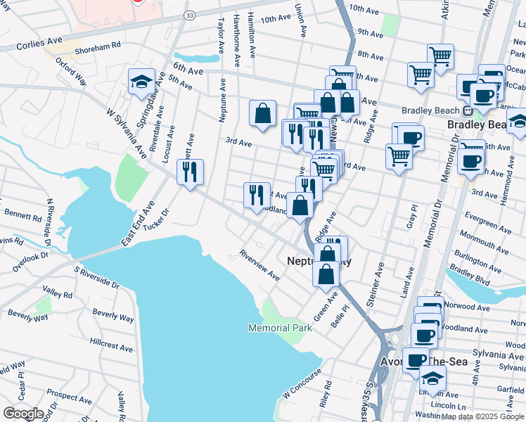 map of restaurants, bars, coffee shops, grocery stores, and more near 121 Woodland Avenue in Neptune City