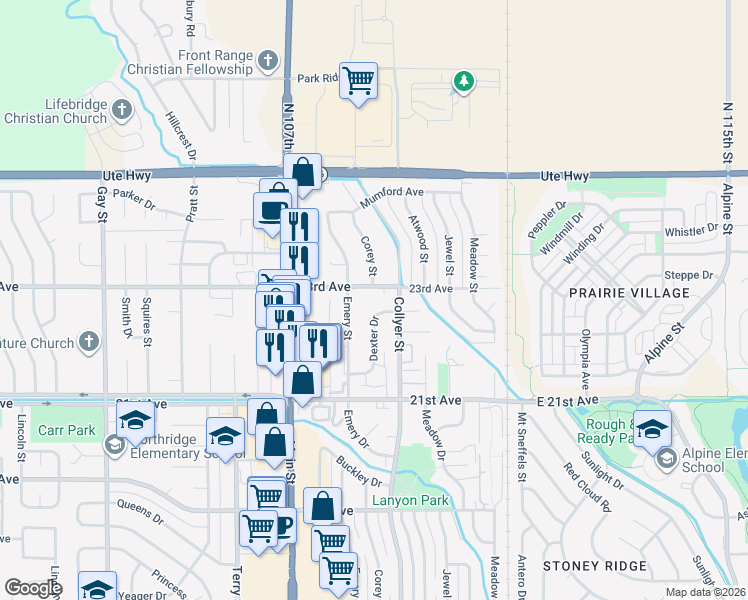 map of restaurants, bars, coffee shops, grocery stores, and more near 2231 Dexter Drive in Longmont