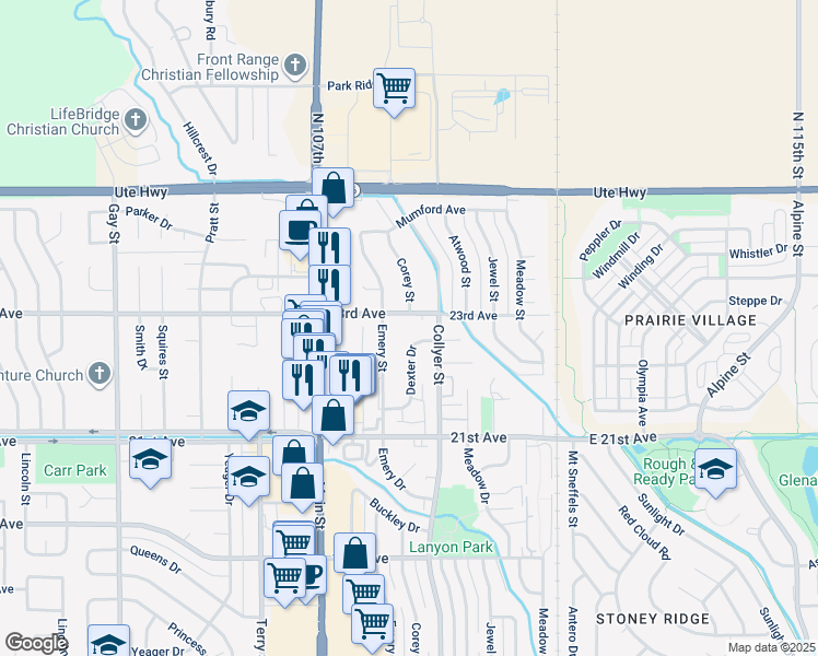 map of restaurants, bars, coffee shops, grocery stores, and more near 2231 Dexter Drive in Longmont