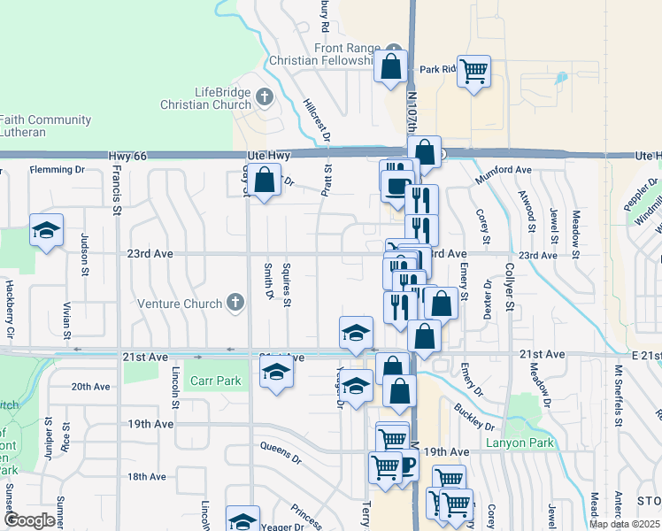 map of restaurants, bars, coffee shops, grocery stores, and more near 2240 Pratt Street in Longmont