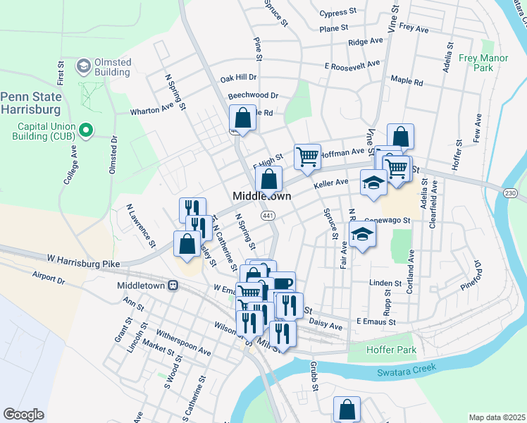 map of restaurants, bars, coffee shops, grocery stores, and more near 13 West Water Street in Middletown