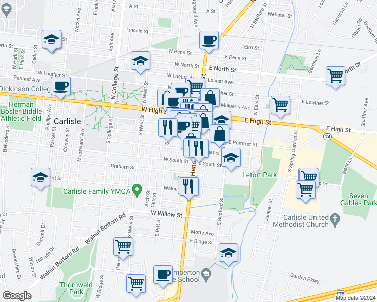 map of restaurants, bars, coffee shops, grocery stores, and more near 5 West South Street in Carlisle
