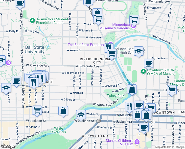 map of restaurants, bars, coffee shops, grocery stores, and more near in Muncie