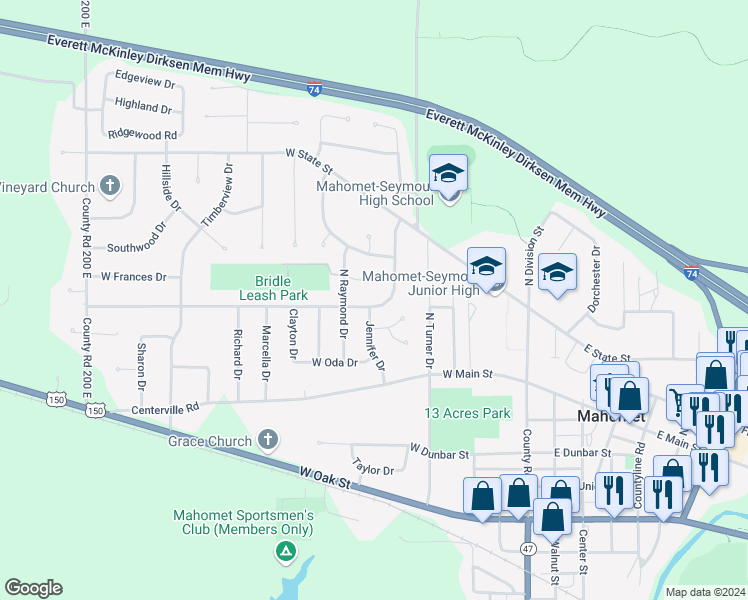 map of restaurants, bars, coffee shops, grocery stores, and more near 210 Jennifer Drive in Mahomet