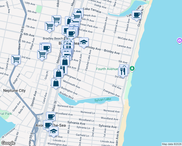 map of restaurants, bars, coffee shops, grocery stores, and more near 405 3rd Avenue in Bradley Beach