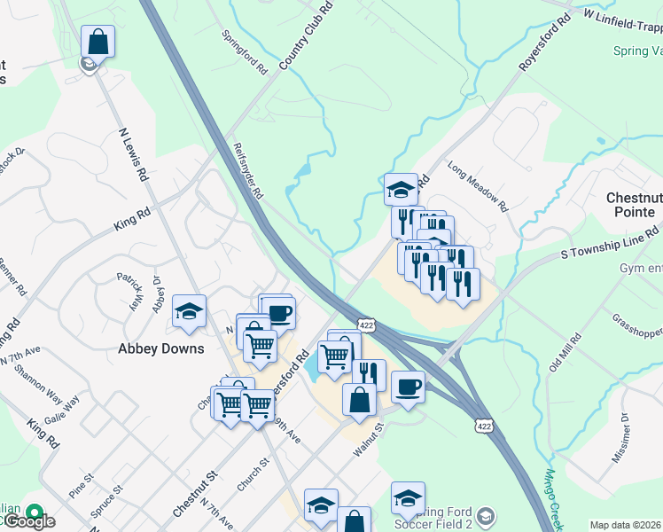 map of restaurants, bars, coffee shops, grocery stores, and more near 64 Reifsnyder Road in Royersford
