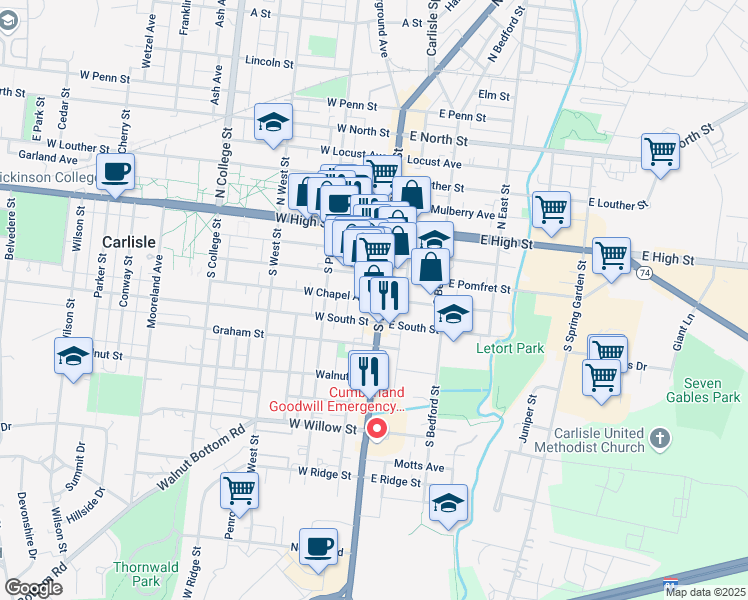 map of restaurants, bars, coffee shops, grocery stores, and more near 132 South Hanover Street in Carlisle