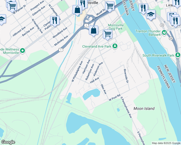map of restaurants, bars, coffee shops, grocery stores, and more near 203 Robertson Avenue in Morrisville