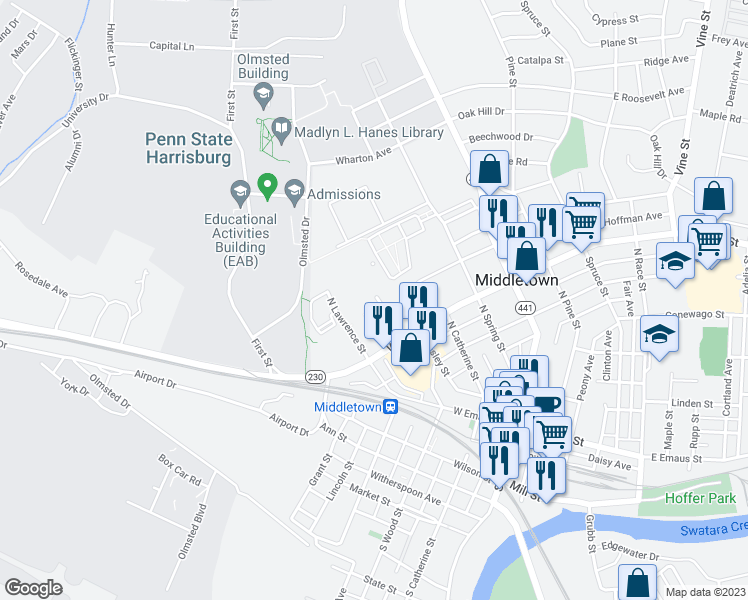 map of restaurants, bars, coffee shops, grocery stores, and more near 505 North Wood Street in Middletown