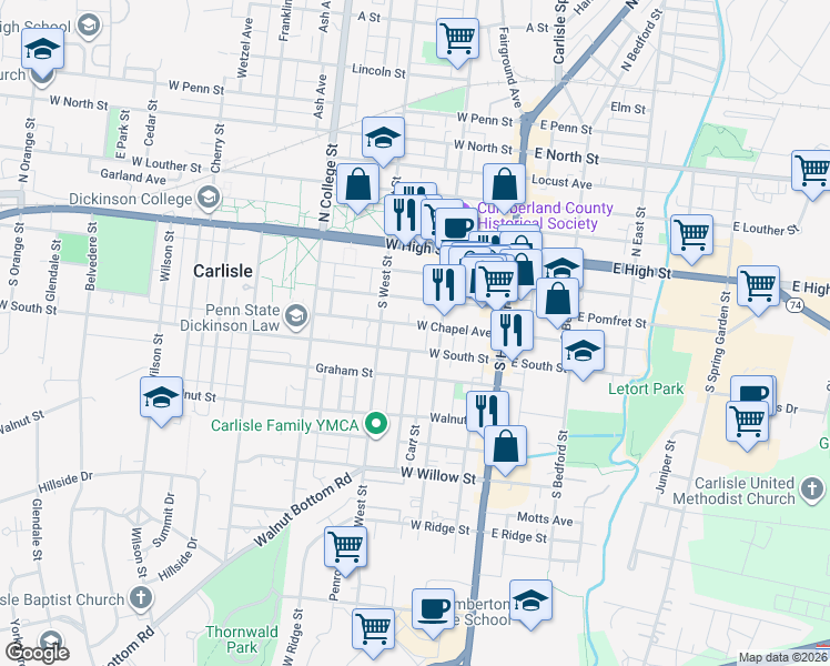 map of restaurants, bars, coffee shops, grocery stores, and more near 136 Graham Street in Carlisle