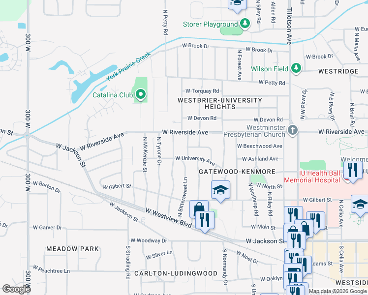 map of restaurants, bars, coffee shops, grocery stores, and more near 3750-3798 W University Ave in Muncie