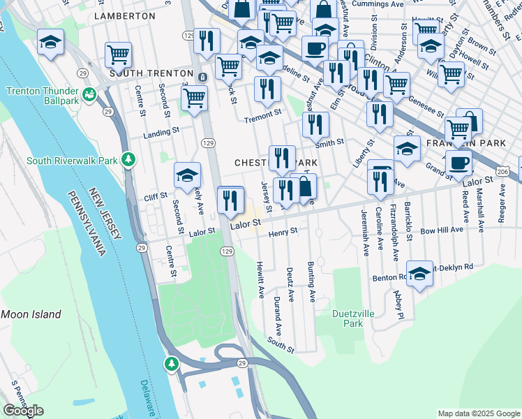 map of restaurants, bars, coffee shops, grocery stores, and more near 511 Lalor Street in Trenton