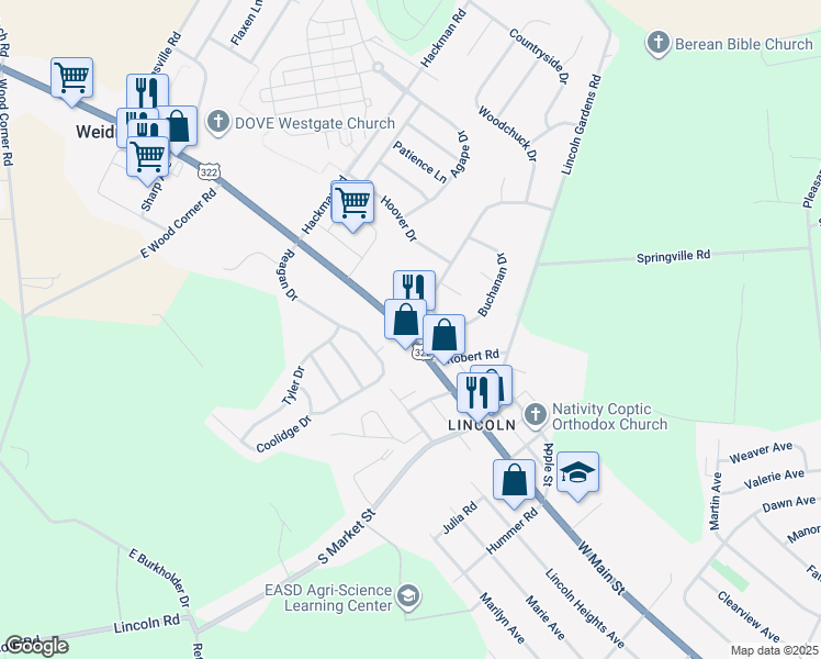 map of restaurants, bars, coffee shops, grocery stores, and more near 1634 West Main Street in Ephrata