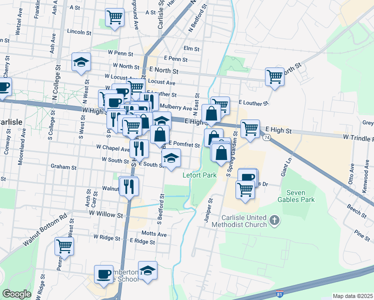 map of restaurants, bars, coffee shops, grocery stores, and more near 158 East Chapel Avenue in Carlisle