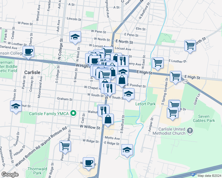 map of restaurants, bars, coffee shops, grocery stores, and more near 17 East South Street in Carlisle