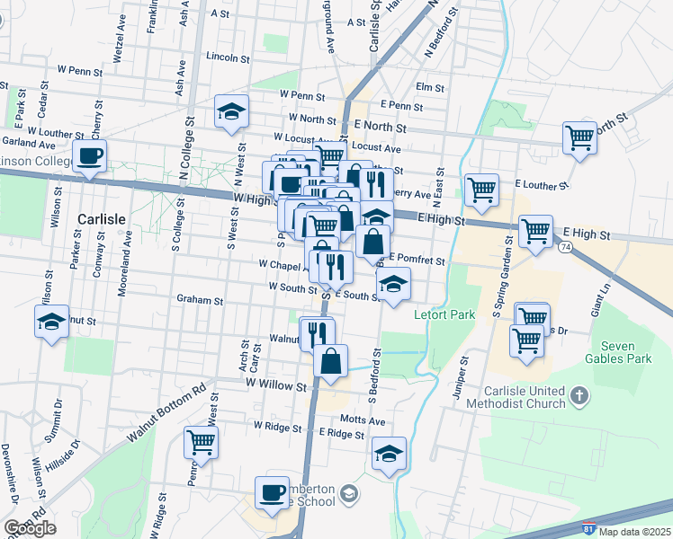 map of restaurants, bars, coffee shops, grocery stores, and more near 17 East South Street in Carlisle