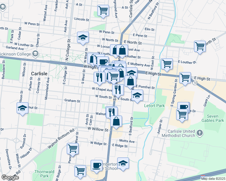 map of restaurants, bars, coffee shops, grocery stores, and more near 5 West South Street in Carlisle