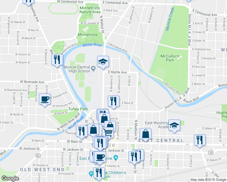 map of restaurants, bars, coffee shops, grocery stores, and more near 611 North Jefferson Street in Muncie