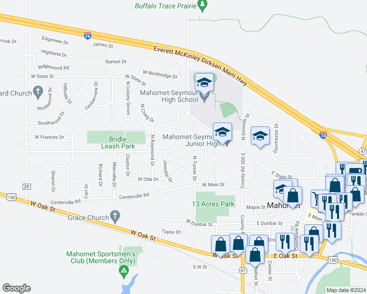 map of restaurants, bars, coffee shops, grocery stores, and more near 401 West Jennifer Court in Mahomet