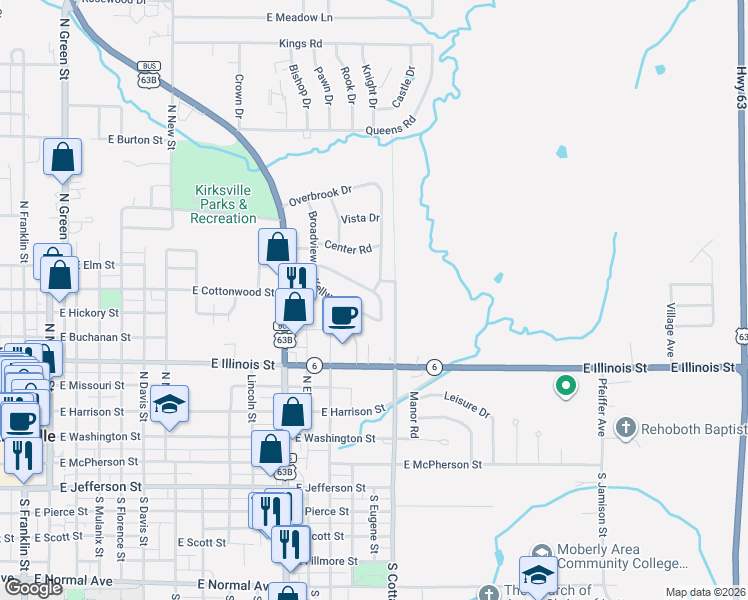 map of restaurants, bars, coffee shops, grocery stores, and more near 49 Kellwood Drive in Kirksville