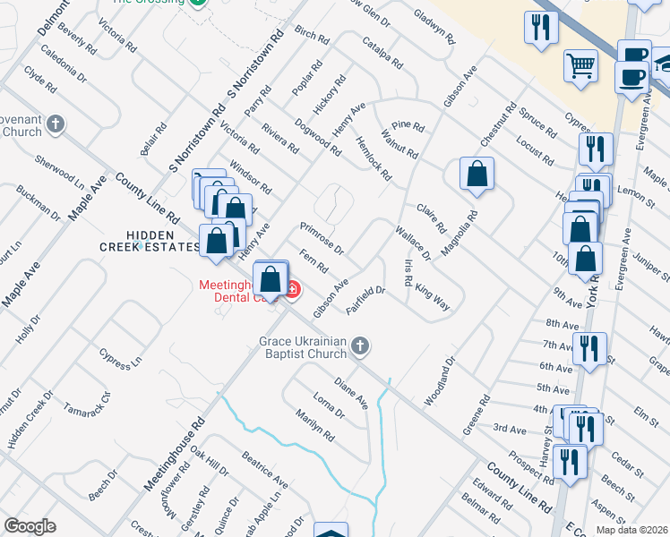 map of restaurants, bars, coffee shops, grocery stores, and more near 831 Fern Road in Warminster