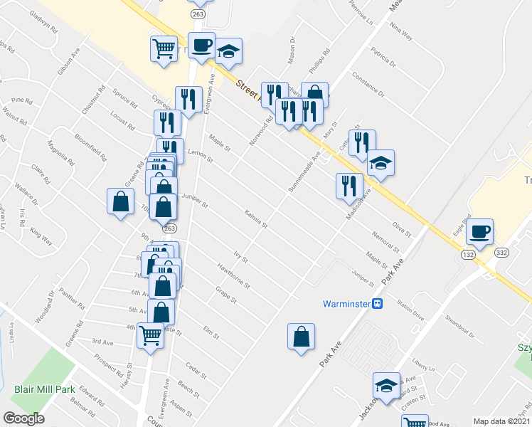 map of restaurants, bars, coffee shops, grocery stores, and more near 410 Kalmia Street in Warminster