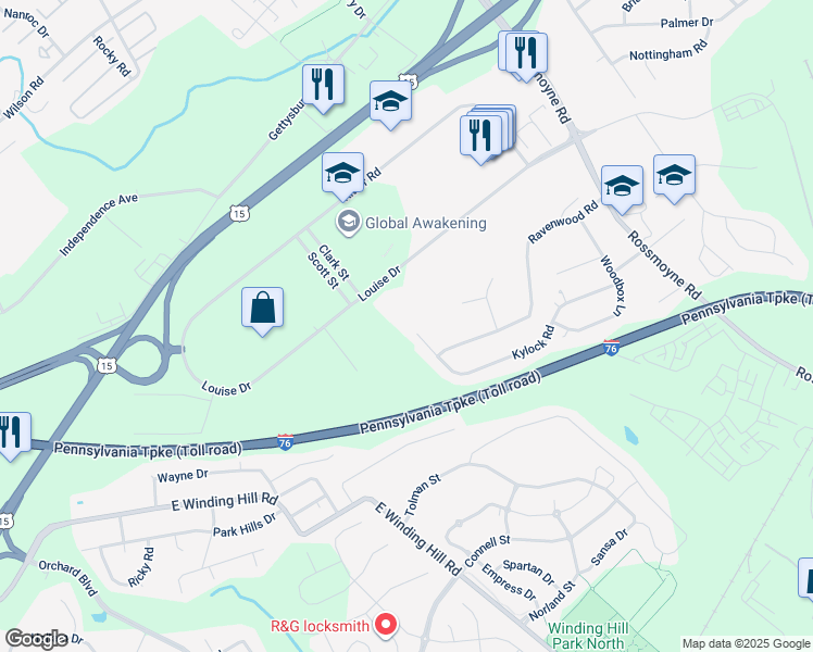 map of restaurants, bars, coffee shops, grocery stores, and more near 5159 Kylock Road in Mechanicsburg