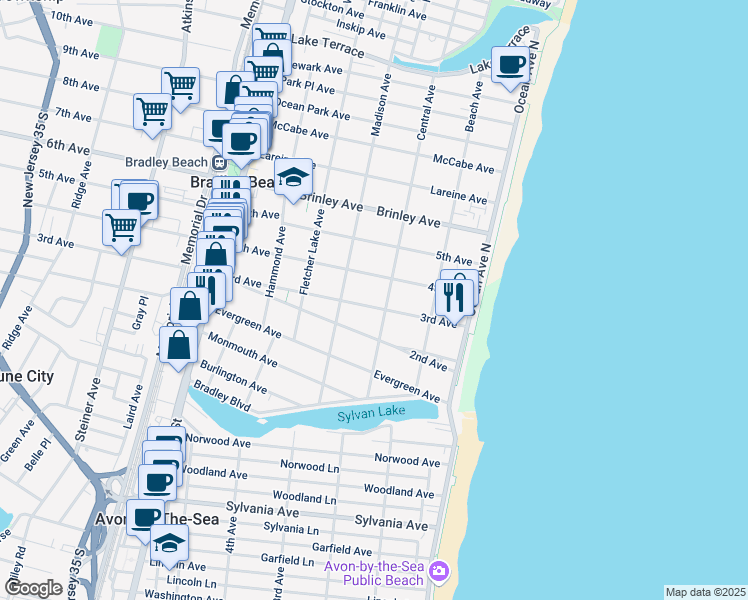 map of restaurants, bars, coffee shops, grocery stores, and more near 302 3rd Avenue in Bradley Beach