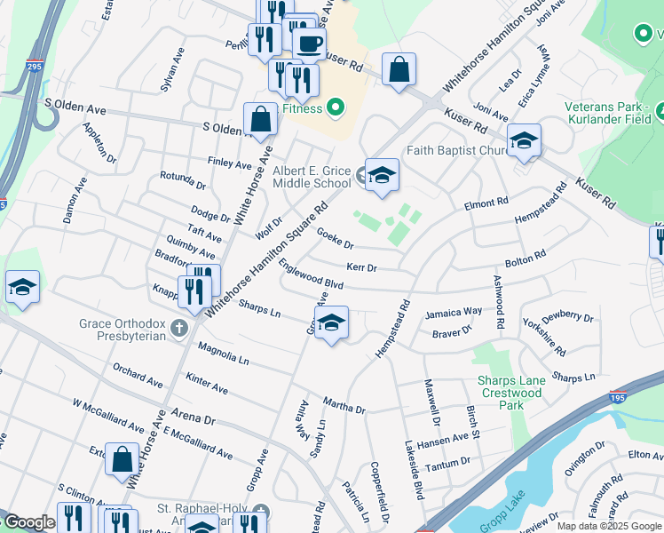 map of restaurants, bars, coffee shops, grocery stores, and more near 19 Englewood Boulevard in Hamilton Township