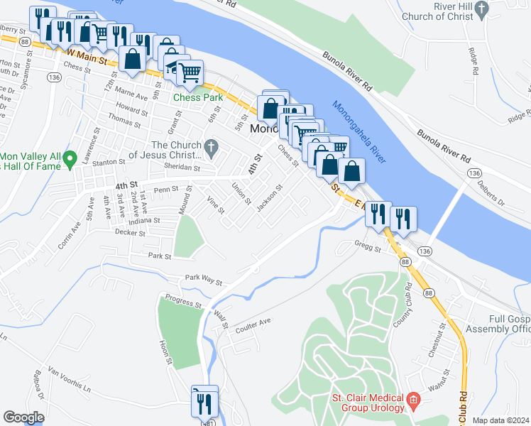 map of restaurants, bars, coffee shops, grocery stores, and more near 426 2nd Street in Monongahela