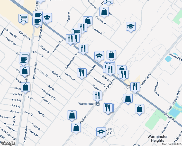 map of restaurants, bars, coffee shops, grocery stores, and more near 533 Madison Avenue in Warminster