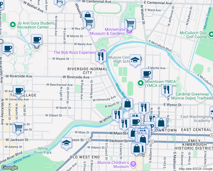 map of restaurants, bars, coffee shops, grocery stores, and more near 604 North Alameda Avenue in Muncie