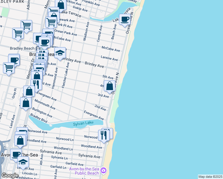 map of restaurants, bars, coffee shops, grocery stores, and more near 311 Ocean Avenue in Bradley Beach
